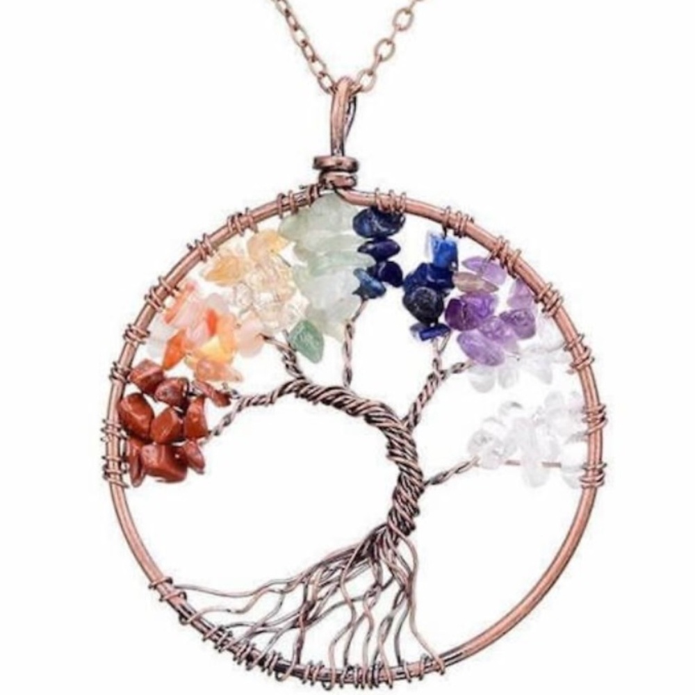New Unique 7 Chakras Tree of Life Necklace with Semi-Precious Stones Metal Alloy